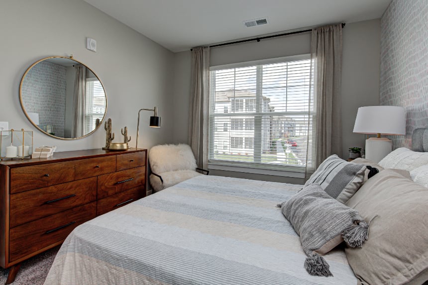 Model bedroom in Noblesville apartment